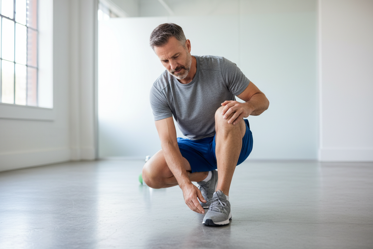 中年美国男性蹲下来摸脚的动作